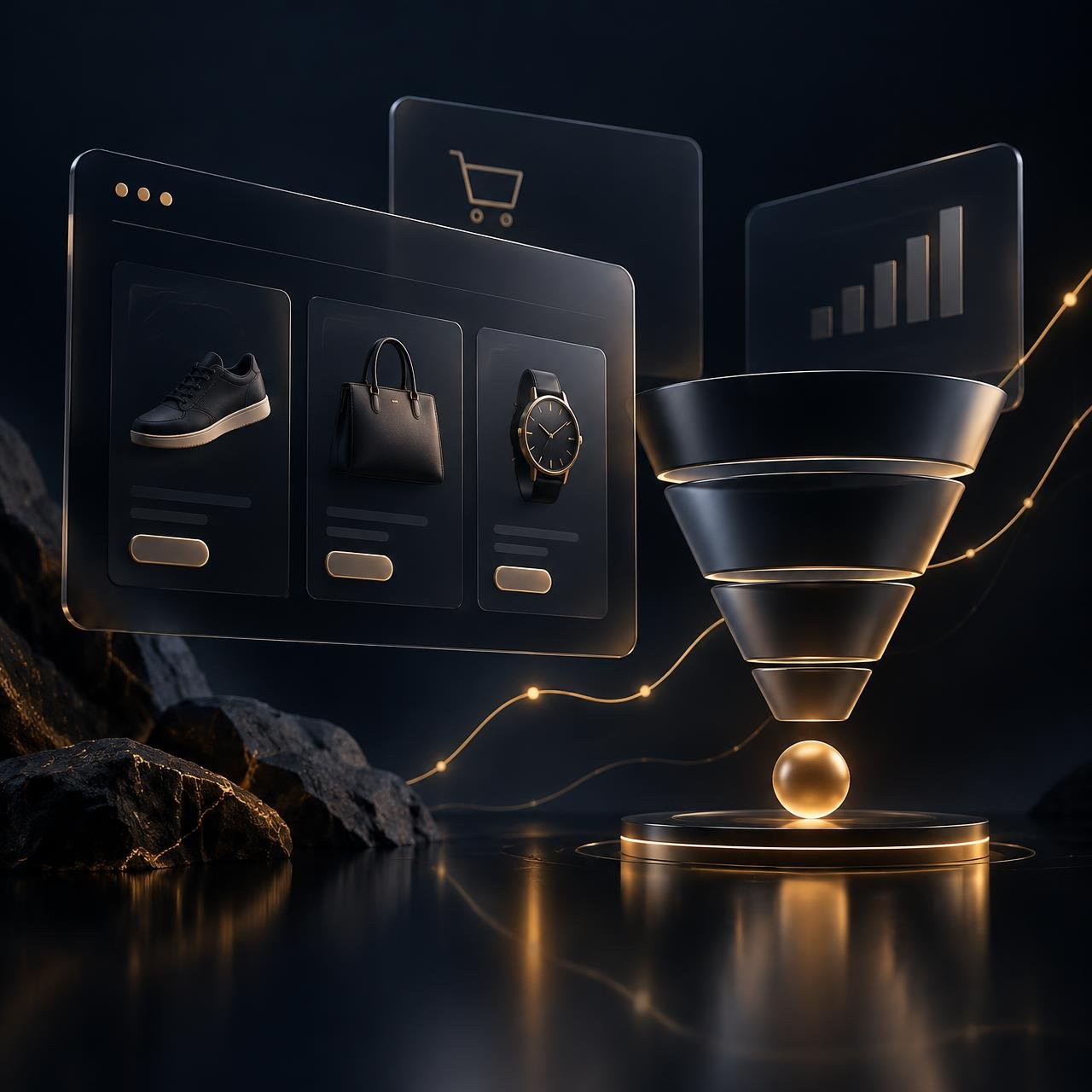 Abstract illustration of an online store, a marketing funnel, and analytics panels